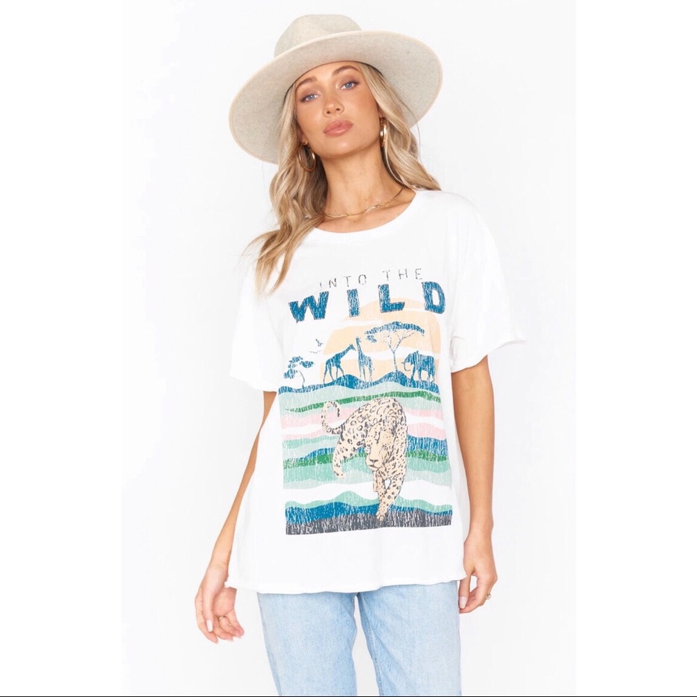 Show Me Your MuMu White 'Into The Wild' Graphic Tee with Blue and Green Print